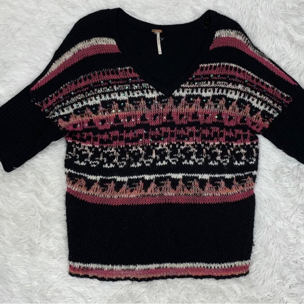Free People Black Knit V-Neck Sweater with Pink and Cream Fair Isle